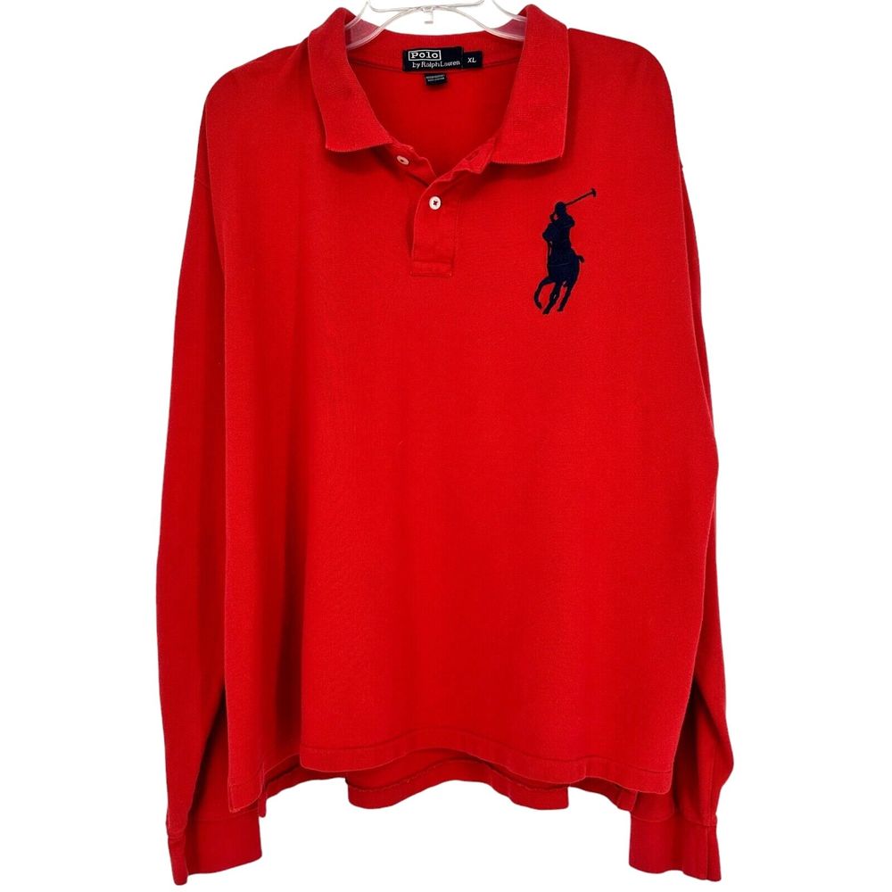 VTG Ralph Lauren Polo Shirt Rugby Long Sleeve Mens XL Red Big Pony Number 3 Y2K